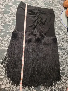 NEW Latin Dance Practice Skirt — Black Ruched Front, Long Fringe, Built-In Brief — Waist Flat 10" dancewear piece detail 5