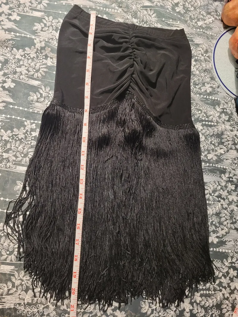 NEW Latin Dance Practice Skirt — Black Ruched Front, Long Fringe, Built-In Brief — Waist Flat 10" dancewear piece detail 5
