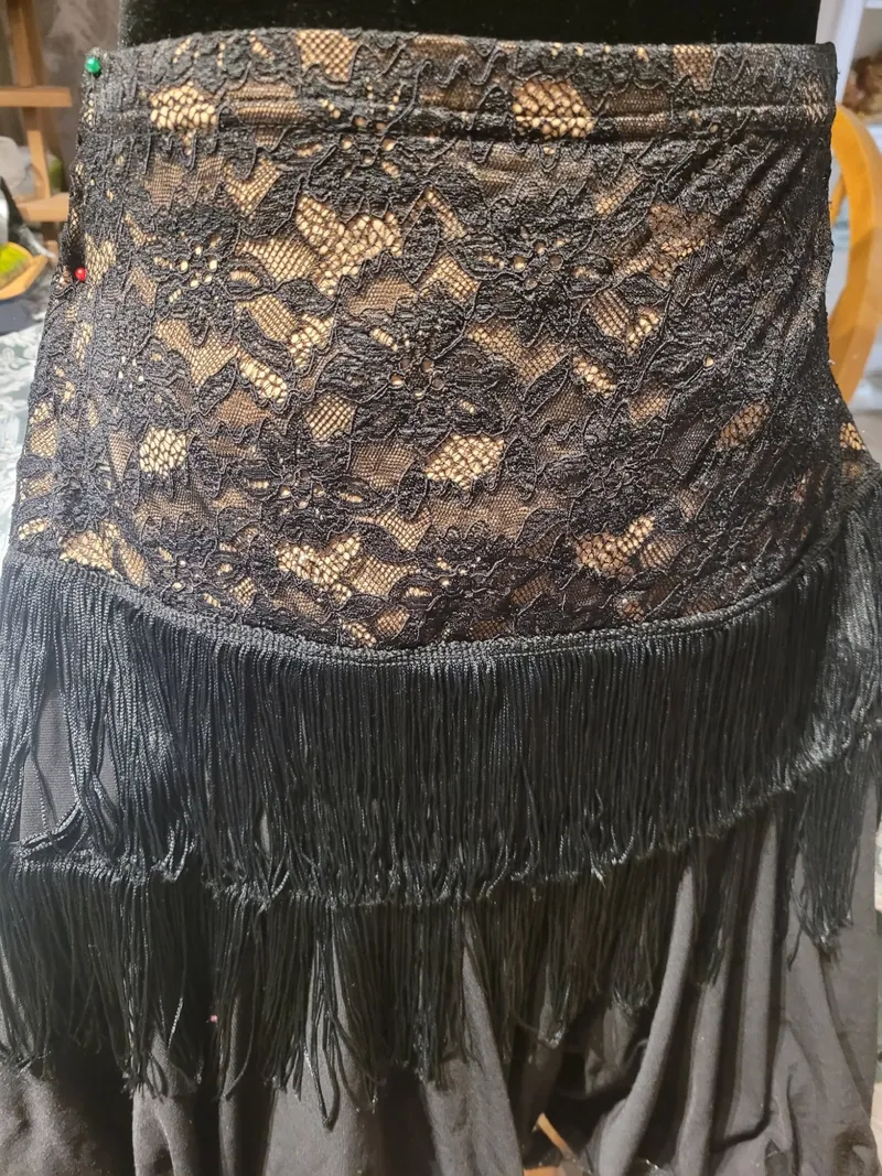 Latin Dance Practice Skirt — Black Lace Fringe — Waist Flat 11.5" dancewear piece detail 4