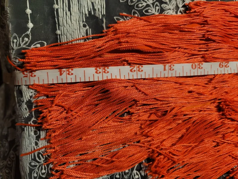 Latin Dance Practice Skirt — Long Orange Fringe, One-Sided, Built-In Brief — Waist Flat 12.5–13" dancewear piece detail 5