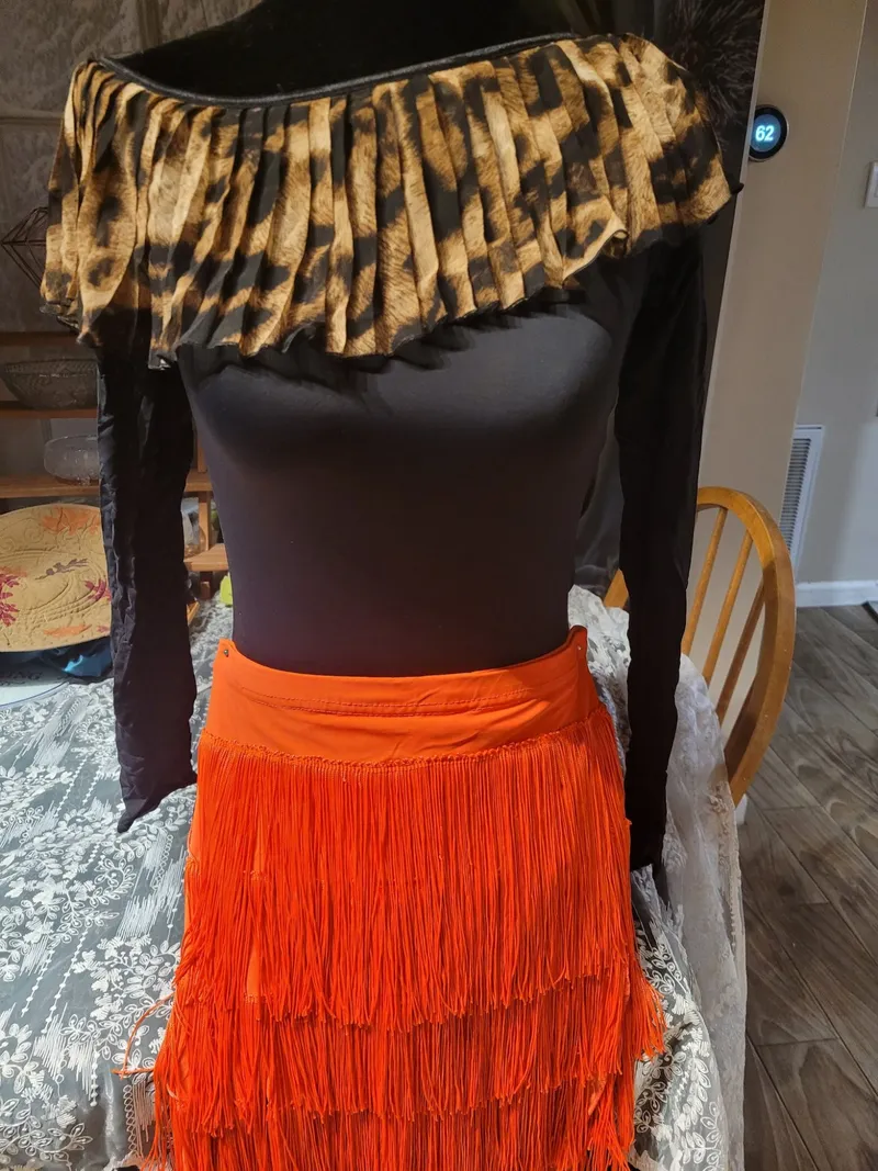 Latin Dance Practice Skirt — Long Orange Fringe, One-Sided, Built-In Brief — Waist Flat 12.5–13" dancewear piece detail 2