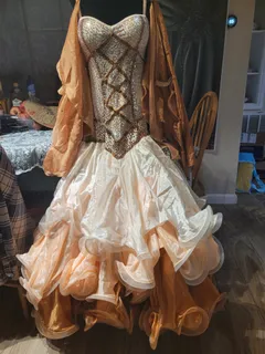 Custom Ballroom Standard Gown — Cream & Copper Satin Chiffon, Very Heavily Stoned, Adult S — PRICED TO SELL dress in ivory and terracotta detail 1