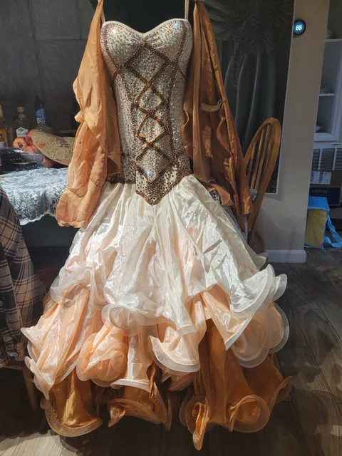Custom Ballroom Standard Gown — Cream & Copper Satin Chiffon, Very Heavily Stoned, Adult S — PRICED TO SELL dress