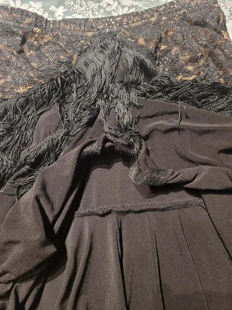 Latin Dance Practice Skirt — Black Lace Fringe — Waist Flat 11.5" dancewear piece detail 5