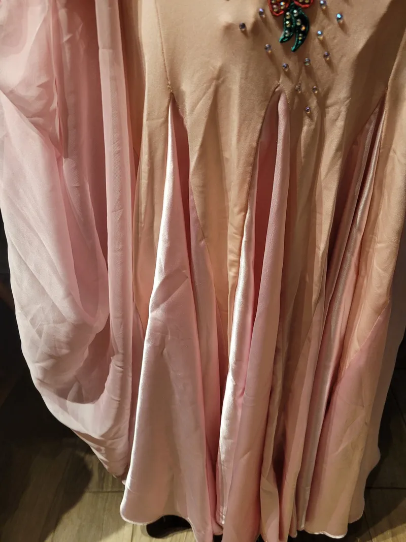 Custom Ballroom Standard & Smooth Gown — Blush Pink, Floral Appliqué & Crystals, Adult S dress in blush detail 5