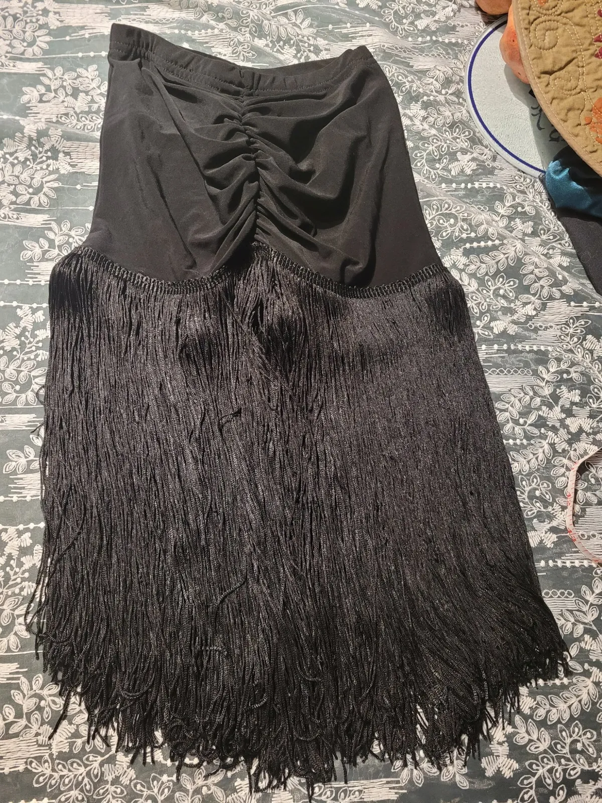 NEW Latin Dance Practice Skirt — Black Ruched Front, Long Fringe, Built-In Brief — Waist Flat 10" dancewear piece