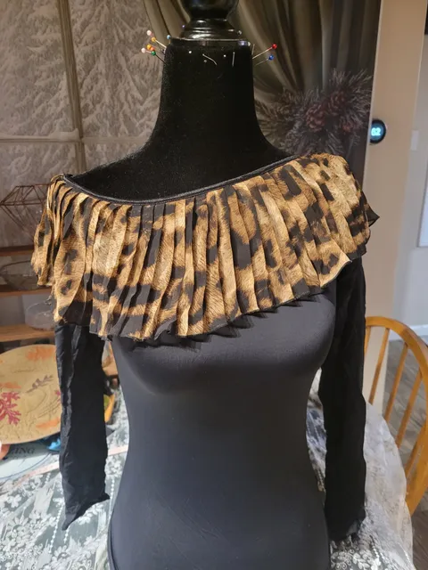 Latin Dance Practice Skirt — Coral Velvet Top, Leopard Ruffles — Waist Flat 12.5" one-piece