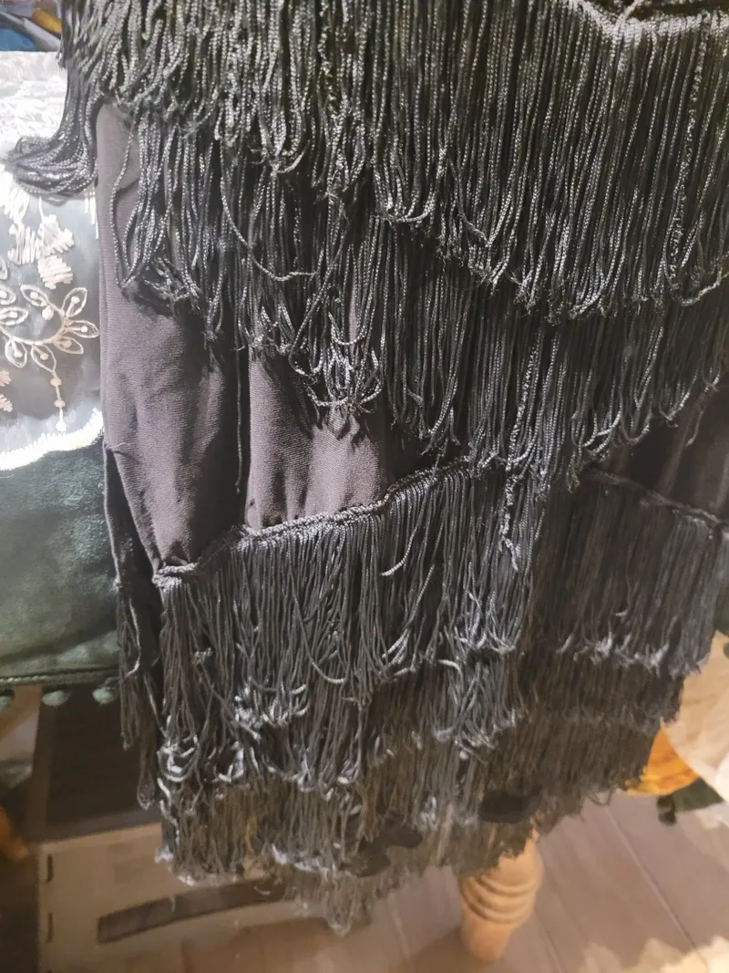 Latin Dance Practice Skirt — Black Fringe, One-Sided — Worn Once — Waist Flat 11" dancewear piece detail 3