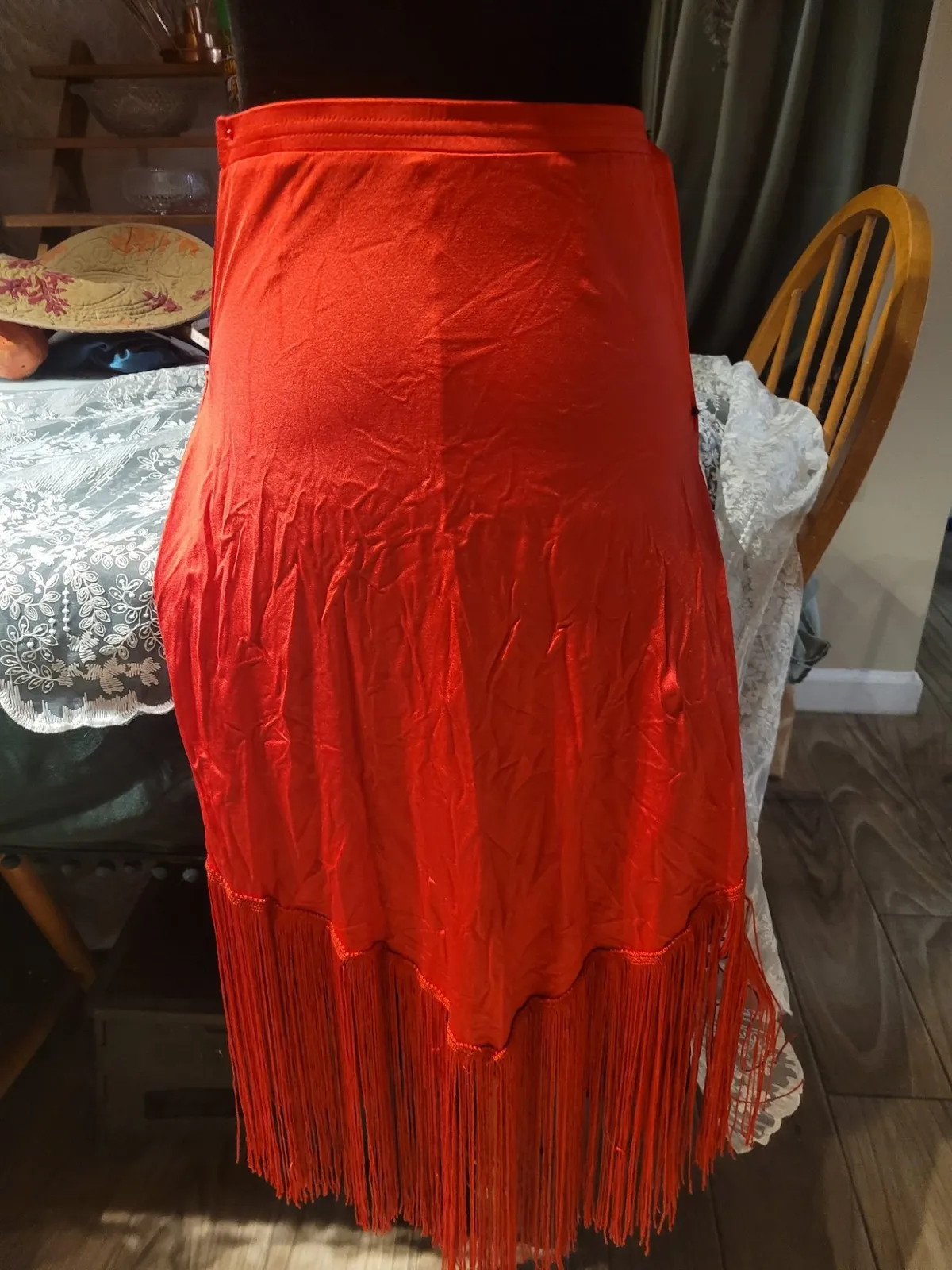 Latin Dance Practice Skirt — Red Fringe, Zigzag Hem — Worn Once — Waist Flat 10" dancewear piece