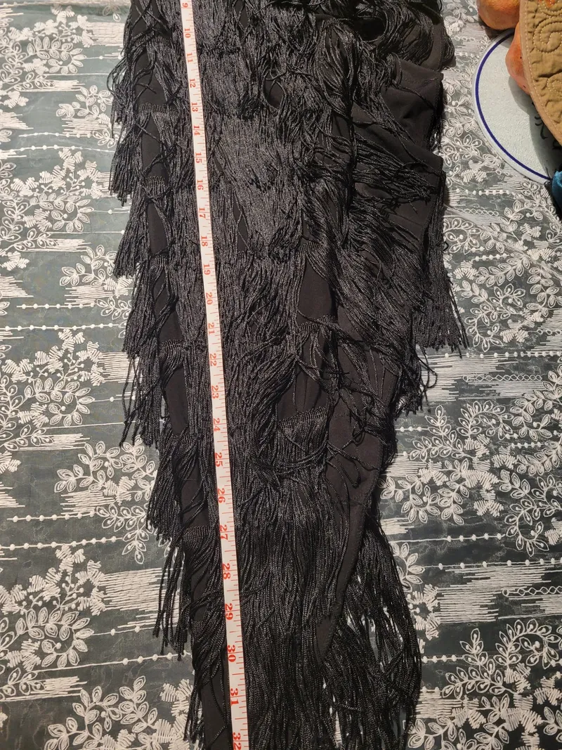 NEW Latin Dance Practice Skirt — Long Black Fringe, One-Sided, Built-In Brief — Waist Flat 11.5" dancewear piece detail 5