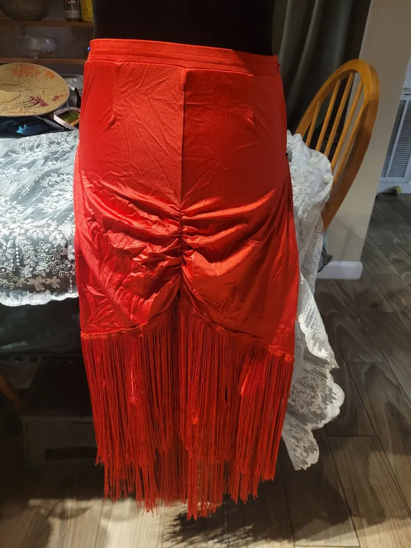Latin Dance Practice Skirt — Red Fringe, Zigzag Hem — Worn Once — Waist Flat 10" dancewear piece detail 2