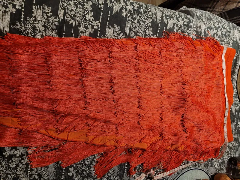 Latin Dance Practice Skirt — Long Orange Fringe, One-Sided, Built-In Brief — Waist Flat 12.5–13" dancewear piece detail 4