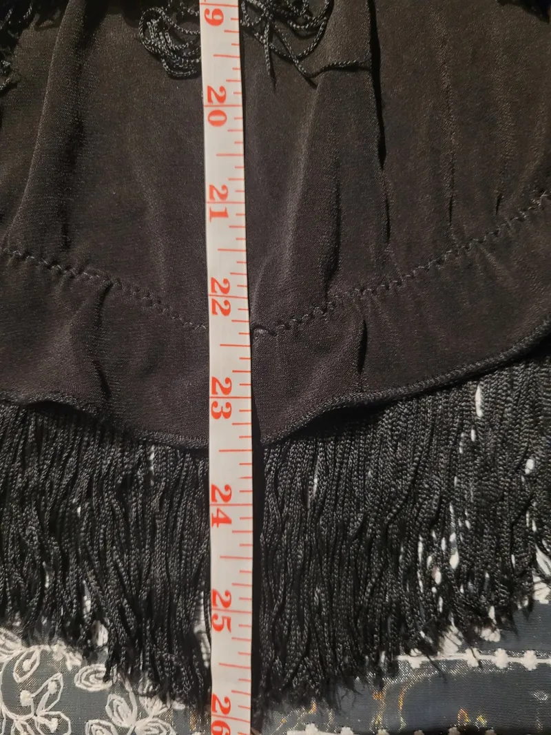 Latin Dance Practice Skirt — Black Fringe, One-Sided — Worn Once — Waist Flat 11" dancewear piece detail 6