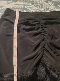 NEW Latin Dance Practice Skirt — Black Ruched Front, Long Fringe, Built-In Brief — Waist Flat 10" dancewear piece detail 4
