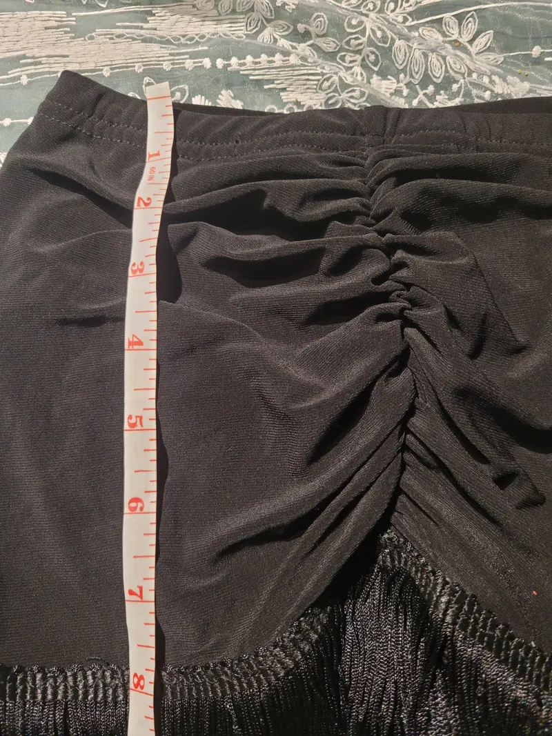 NEW Latin Dance Practice Skirt — Black Ruched Front, Long Fringe, Built-In Brief — Waist Flat 10" dancewear piece detail 4