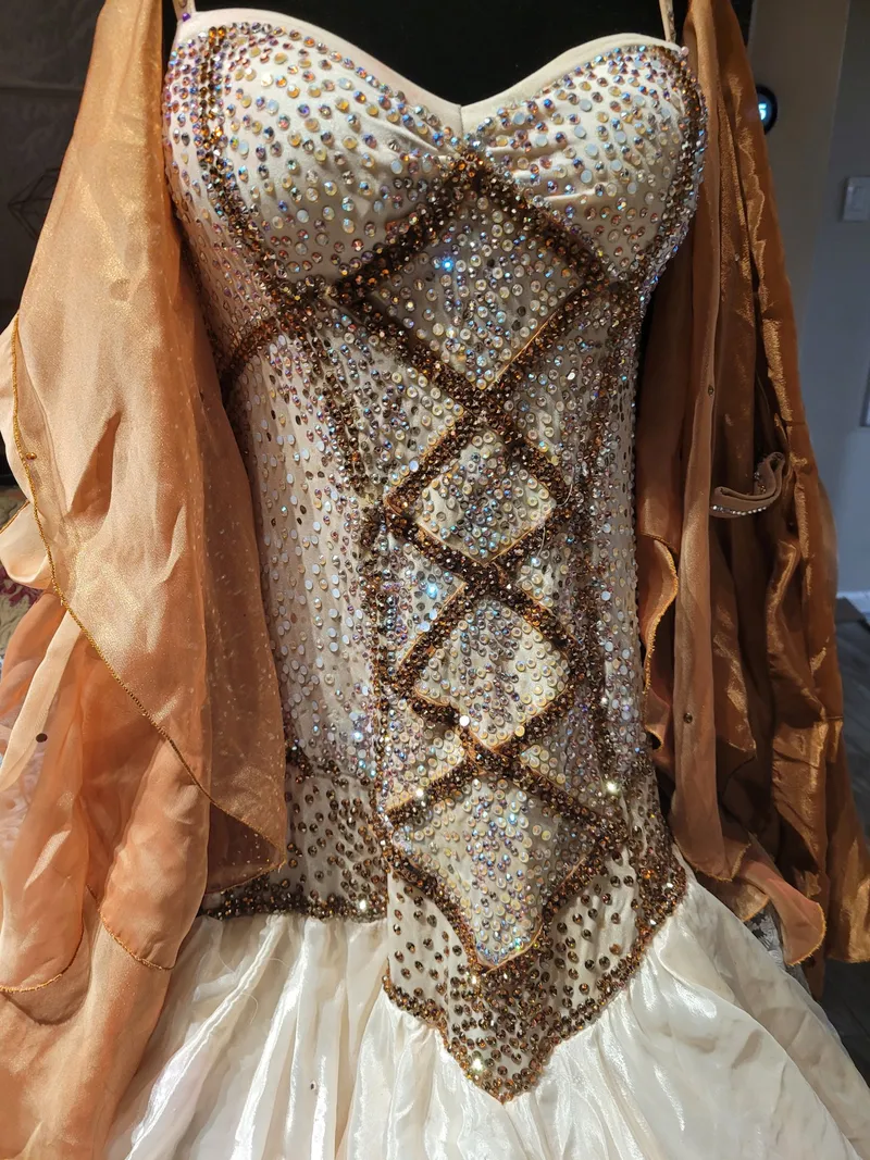 Custom Ballroom Standard Gown — Cream & Copper Satin Chiffon, Very Heavily Stoned, Adult S — PRICED TO SELL dress in ivory and terracotta detail 3