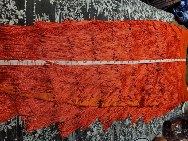 Latin Dance Practice Skirt — Long Orange Fringe, One-Sided, Built-In Brief — Waist Flat 12.5–13" dancewear piece detail 6
