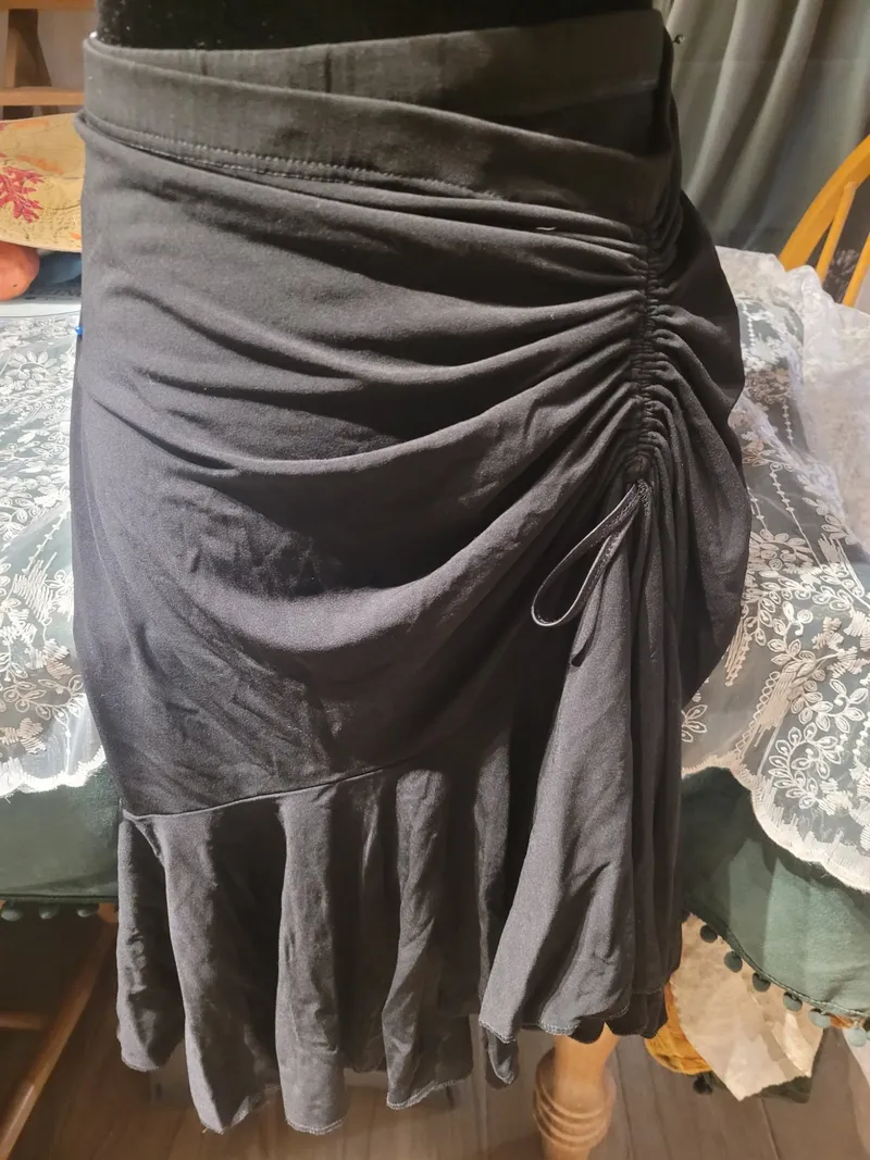 Latin Dance Practice Skirt — Black, Adjustable Ruched Side — Waist Flat 14" dancewear piece detail 3