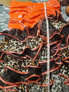 Latin Dance Practice Skirt — Coral Velvet Top, Leopard Ruffles — Waist Flat 12.5" dancewear piece detail 5