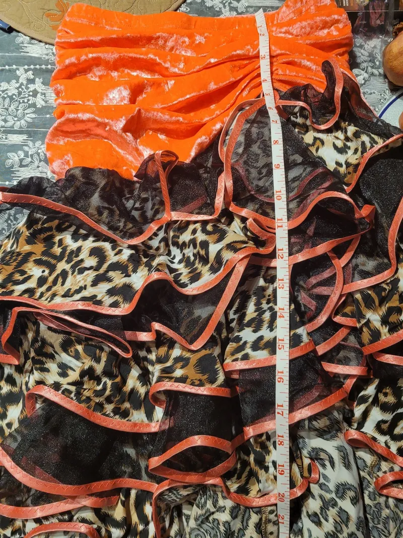 Latin Dance Practice Skirt — Coral Velvet Top, Leopard Ruffles — Waist Flat 12.5" dancewear piece detail 5