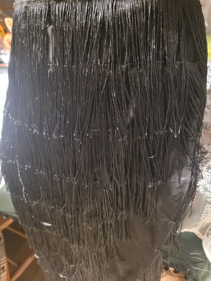 NEW Latin Dance Practice Skirt — Long Black Fringe, One-Sided, Built-In Brief — Waist Flat 11.5" dancewear piece detail 3