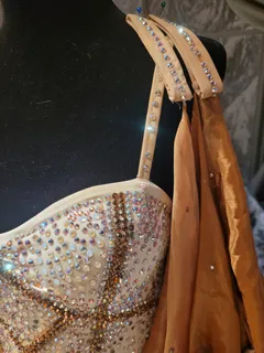 Custom Ballroom Standard Gown — Cream & Copper Satin Chiffon, Very Heavily Stoned, Adult S — PRICED TO SELL dress in ivory and terracotta detail 5