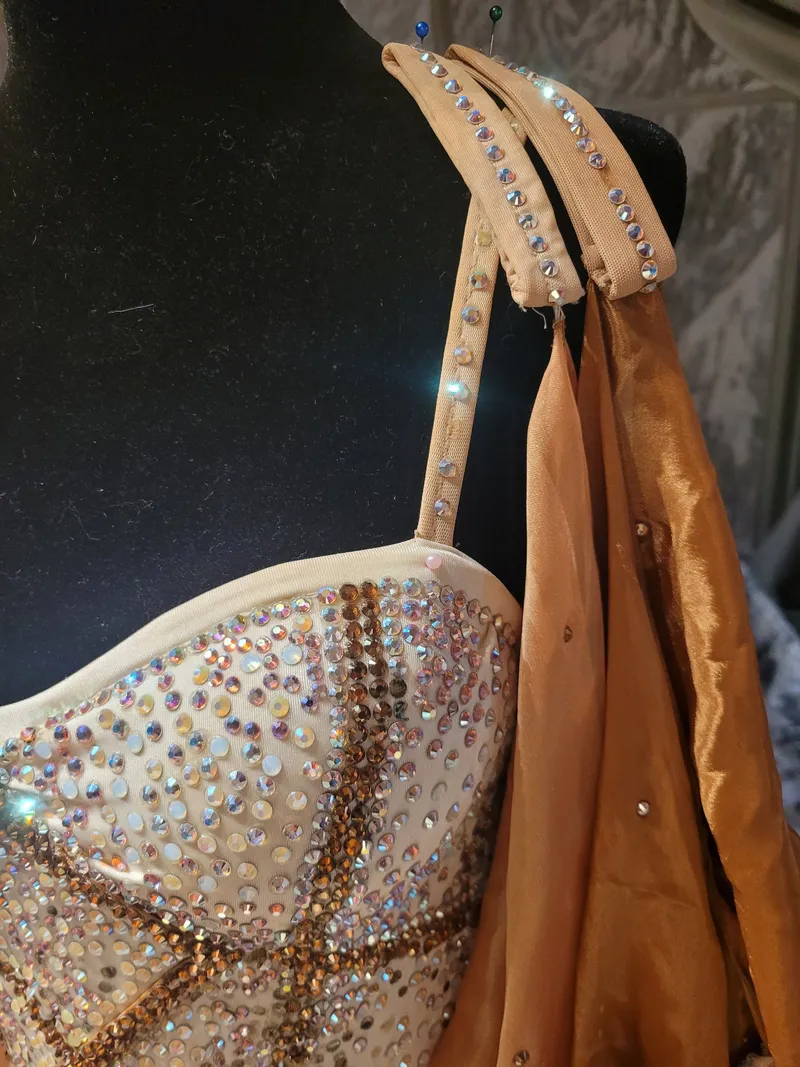 Custom Ballroom Standard Gown — Cream & Copper Satin Chiffon, Very Heavily Stoned, Adult S — PRICED TO SELL dress in ivory and terracotta detail 5