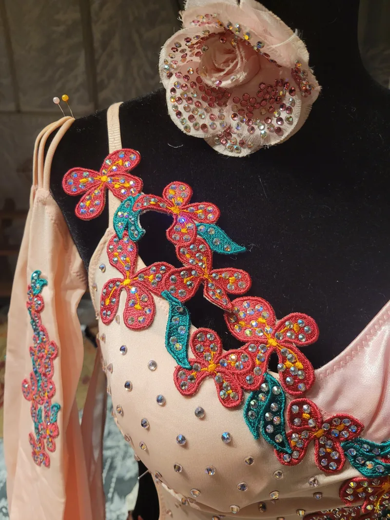 Custom Ballroom Standard & Smooth Gown — Blush Pink, Floral Appliqué & Crystals, Adult S dress in blush detail 3