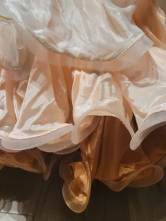 Custom Ballroom Standard Gown — Cream & Copper Satin Chiffon, Very Heavily Stoned, Adult S — PRICED TO SELL dress in ivory and terracotta detail 4