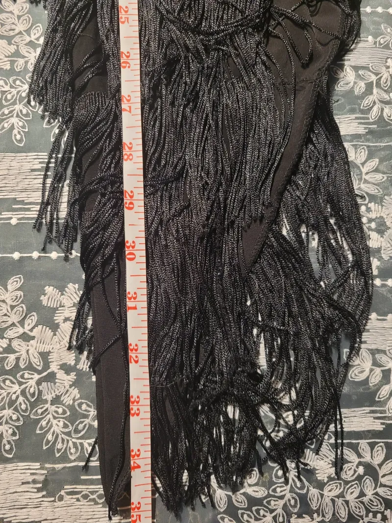 NEW Latin Dance Practice Skirt — Long Black Fringe, One-Sided, Built-In Brief — Waist Flat 11.5" dancewear piece detail 6