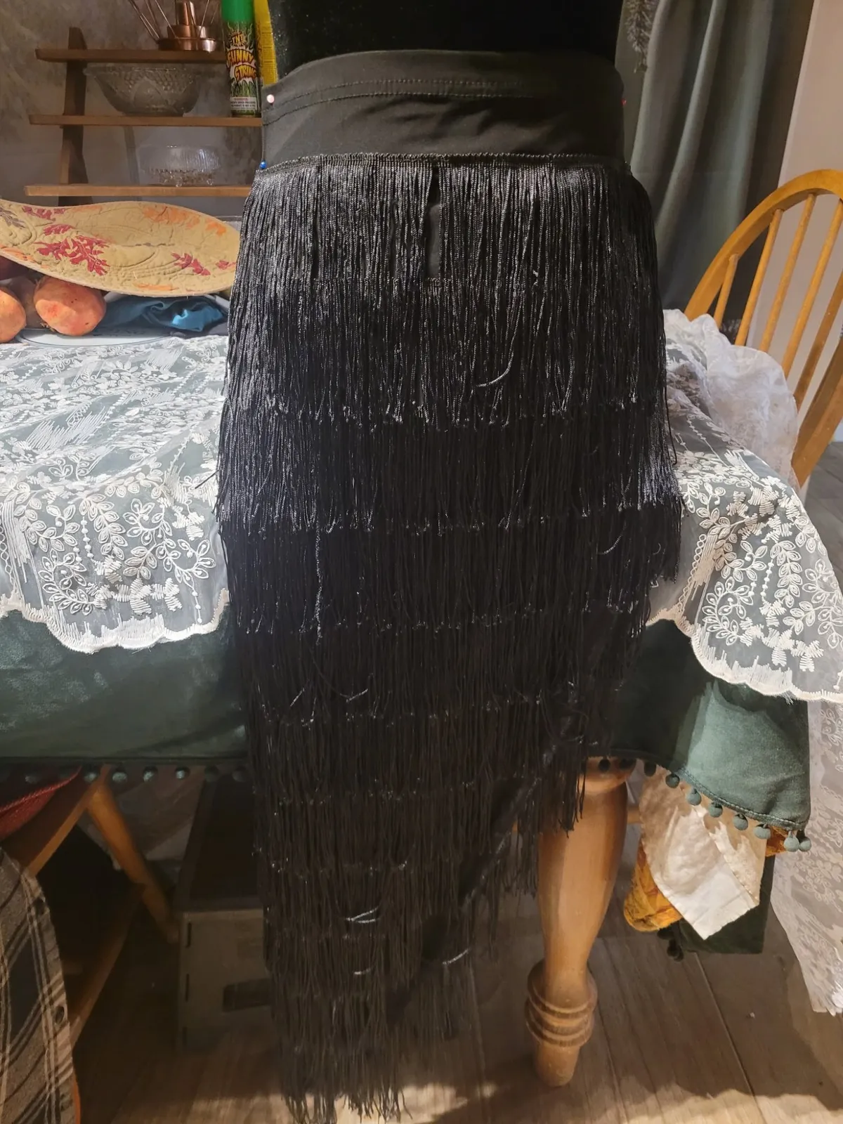 NEW Latin Dance Practice Skirt — Long Black Fringe, One-Sided, Built-In Brief — Waist Flat 11.5" dancewear piece