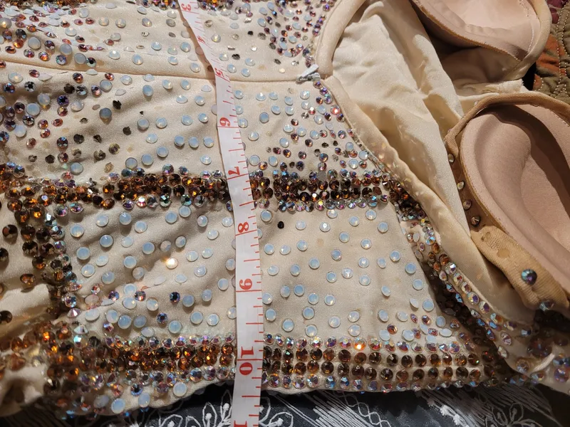 Custom Ballroom Standard Gown — Cream & Copper Satin Chiffon, Very Heavily Stoned, Adult S — PRICED TO SELL dress in ivory and terracotta detail 6