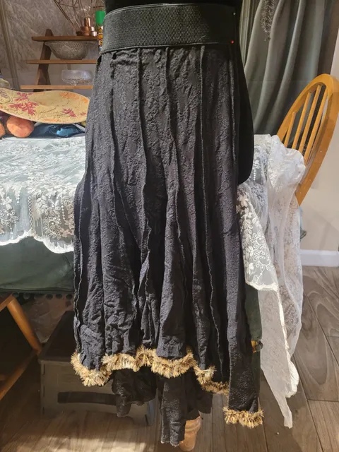 Latin / Ballroom Dance Practice Skirt — Long Black Lace, Hi-Lo Hem — Waist Flat 10" Wide Elastic one-piece