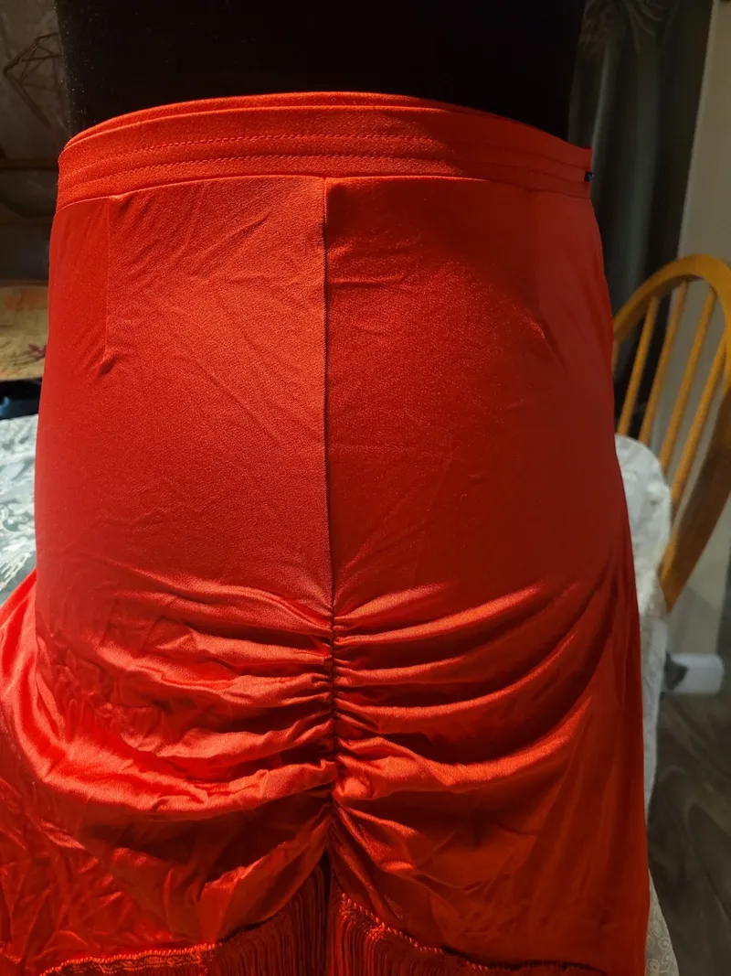 Latin Dance Practice Skirt — Red Fringe, Zigzag Hem — Worn Once — Waist Flat 10" dancewear piece detail 4