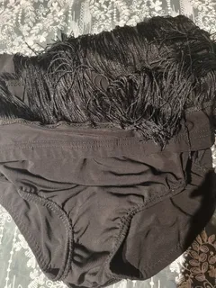 NEW Latin Dance Practice Skirt — Long Black Fringe, One-Sided, Built-In Brief — Waist Flat 11.5" dancewear piece detail 2
