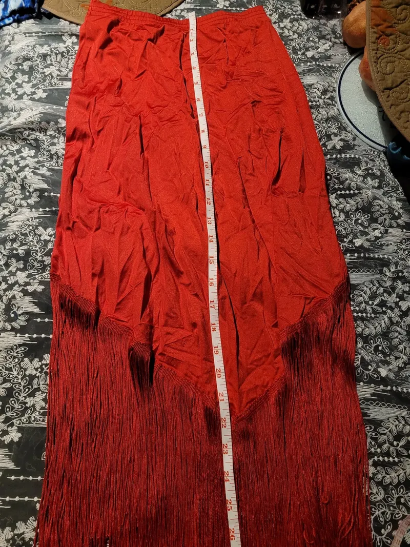 Latin Dance Practice Skirt — Red Fringe, Zigzag Hem — Worn Once — Waist Flat 10" dancewear piece detail 6