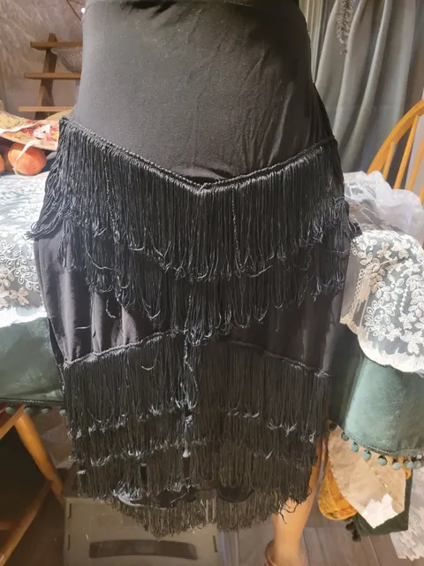 Latin Dance Practice Skirt — Black Fringe, One-Sided — Worn Once — Waist Flat 11" one-piece