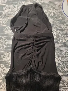 NEW Latin Dance Practice Skirt — Black Ruched Front, Long Fringe, Built-In Brief — Waist Flat 10" dancewear piece detail 2