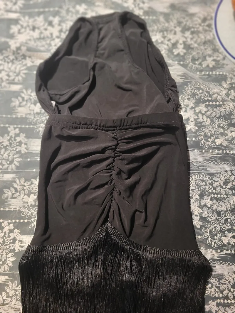 NEW Latin Dance Practice Skirt — Black Ruched Front, Long Fringe, Built-In Brief — Waist Flat 10" dancewear piece detail 2
