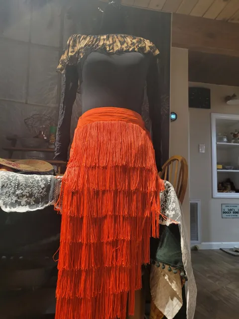 Latin Dance Practice Skirt — Long Orange Fringe, One-Sided, Built-In Brief — Waist Flat 12.5–13" one-piece