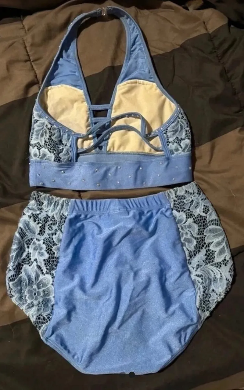 Blue Lace Two-Piece Costume dance costume in blue and ivory detail 2