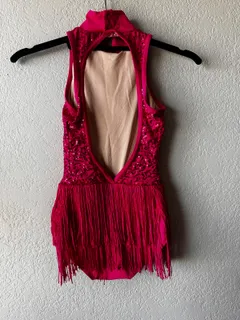 Balera Hot Pink Sequin Fringe Dress dance costume in hot pink and nude detail 2
