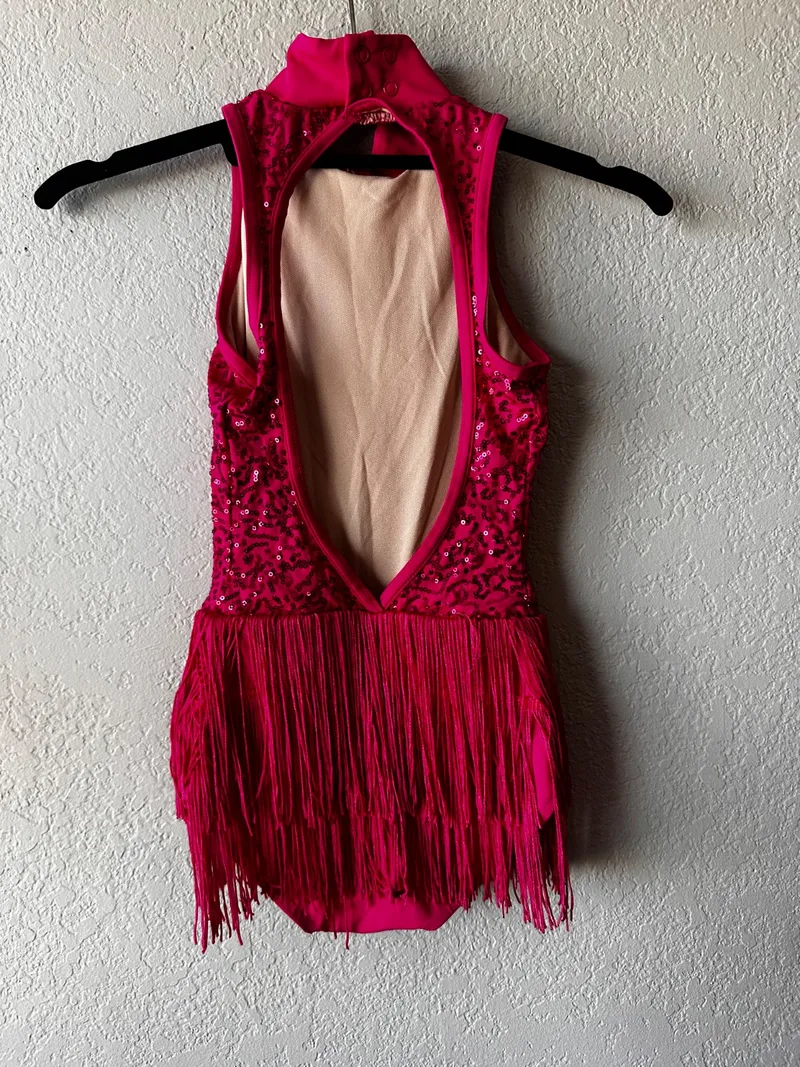 Balera Hot Pink Sequin Fringe Dress dance costume in hot pink and nude detail 2