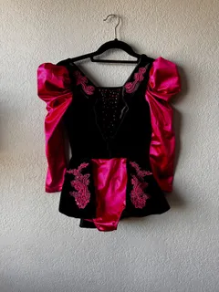 Puff Sleeve Velvet Performance Costume Dress, Revolution dance costume in black and hot pink detail 1