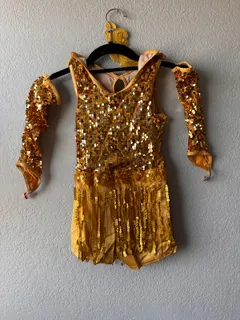 Gold Sequin Dance Leotard with Gloves, Weissman dance costume in gold and yellow detail 4