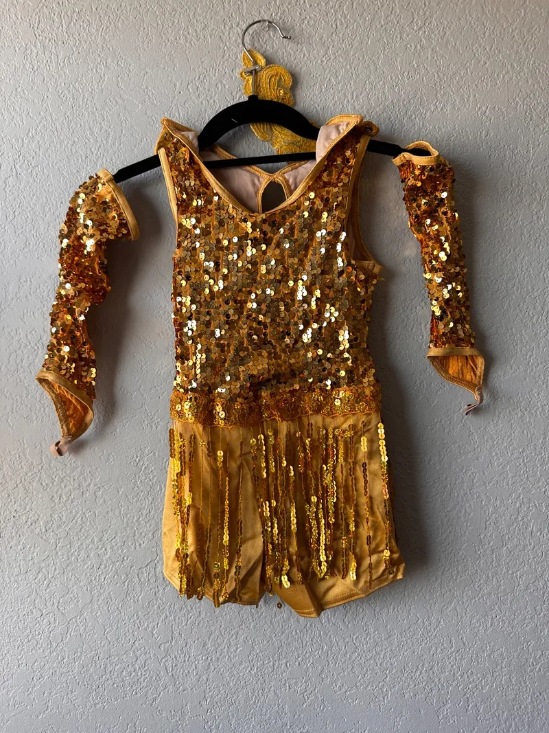 Gold Sequin Dance Leotard with Gloves, Weissman dance costume in gold and yellow detail 4