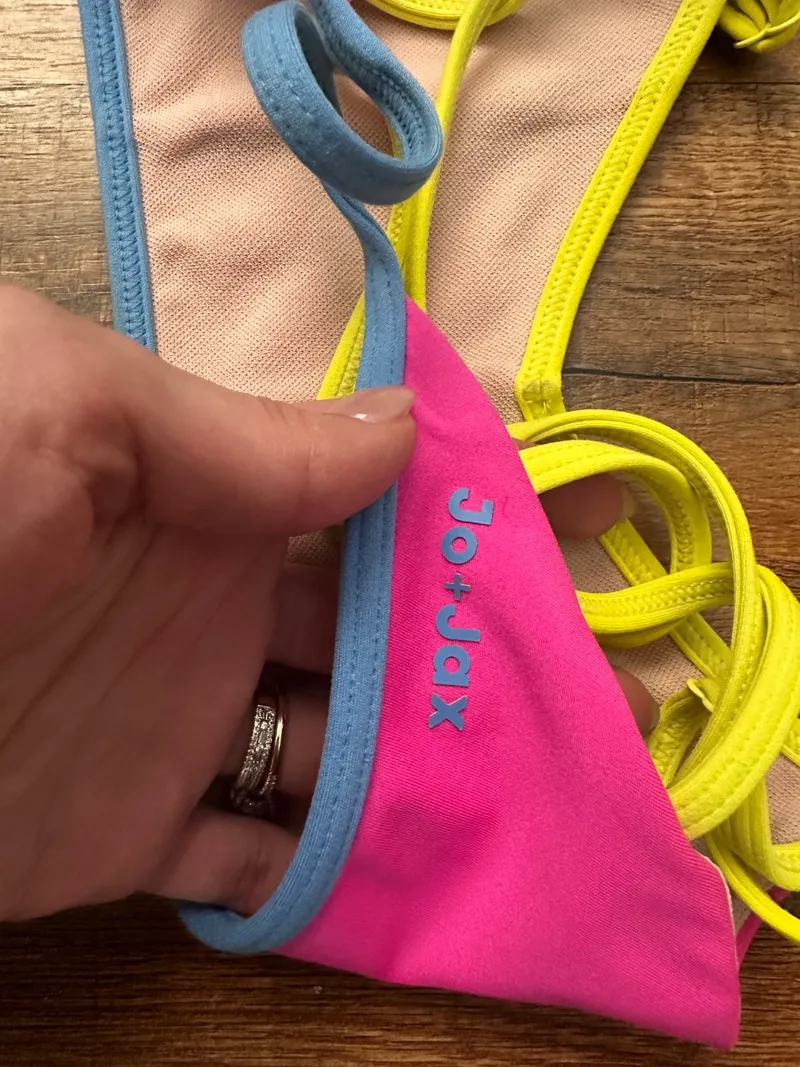 Neon Pink Yellow Sports Bra, Jo+Jax dancewear piece in hot pink and neon detail 3