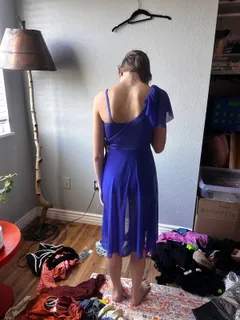 Royal Blue Off-Shoulder Dress, Weissman dance costume in blue and gold detail 5