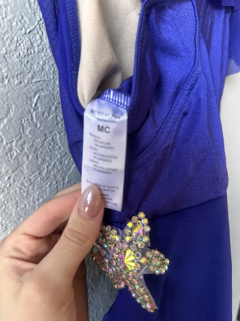 Royal Blue Off-Shoulder Dress, Weissman dance costume in blue and gold detail 4