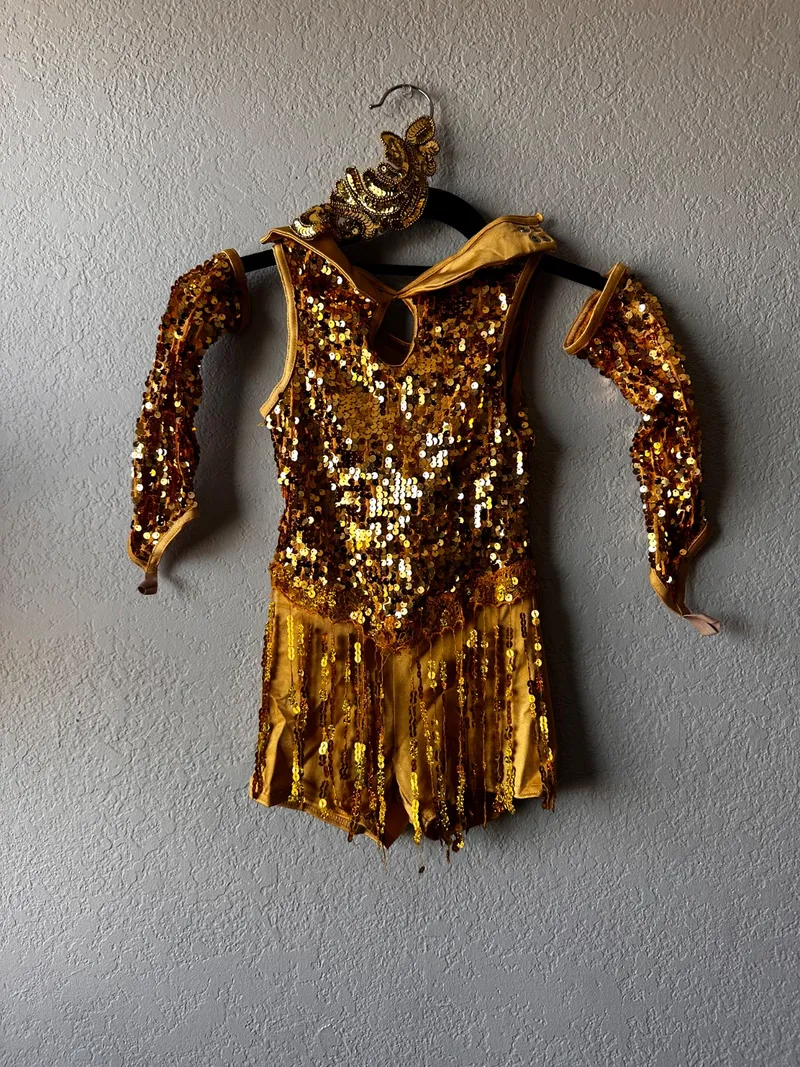 Gold Sequin Dance Leotard with Gloves, Weissman dance costume in gold and yellow detail 2